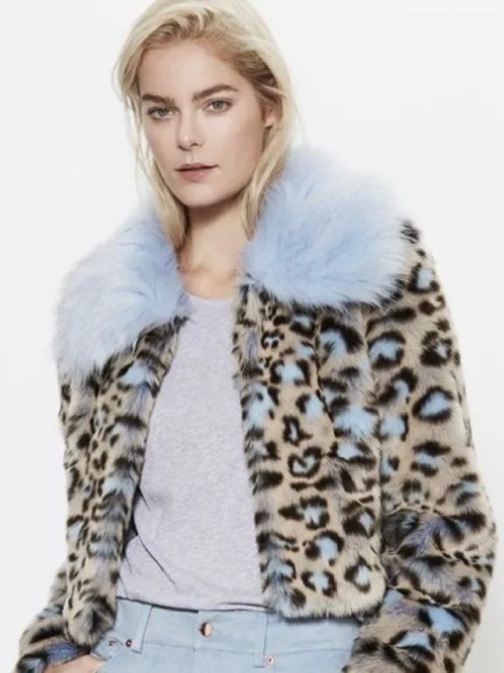 Unreal Fur Leopard Print Blue Trim Fur Jacket Small NWOT